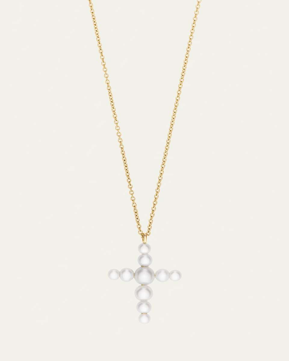 Petite Fellini Croix Freshwater Pearl Cross Pendant on 14K Yellow Gold Chain